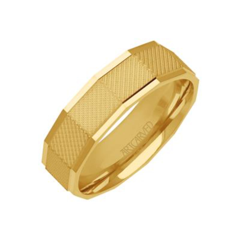 14k Men's 6.5mm Geometric Faceted Cut Gold Wedding Band