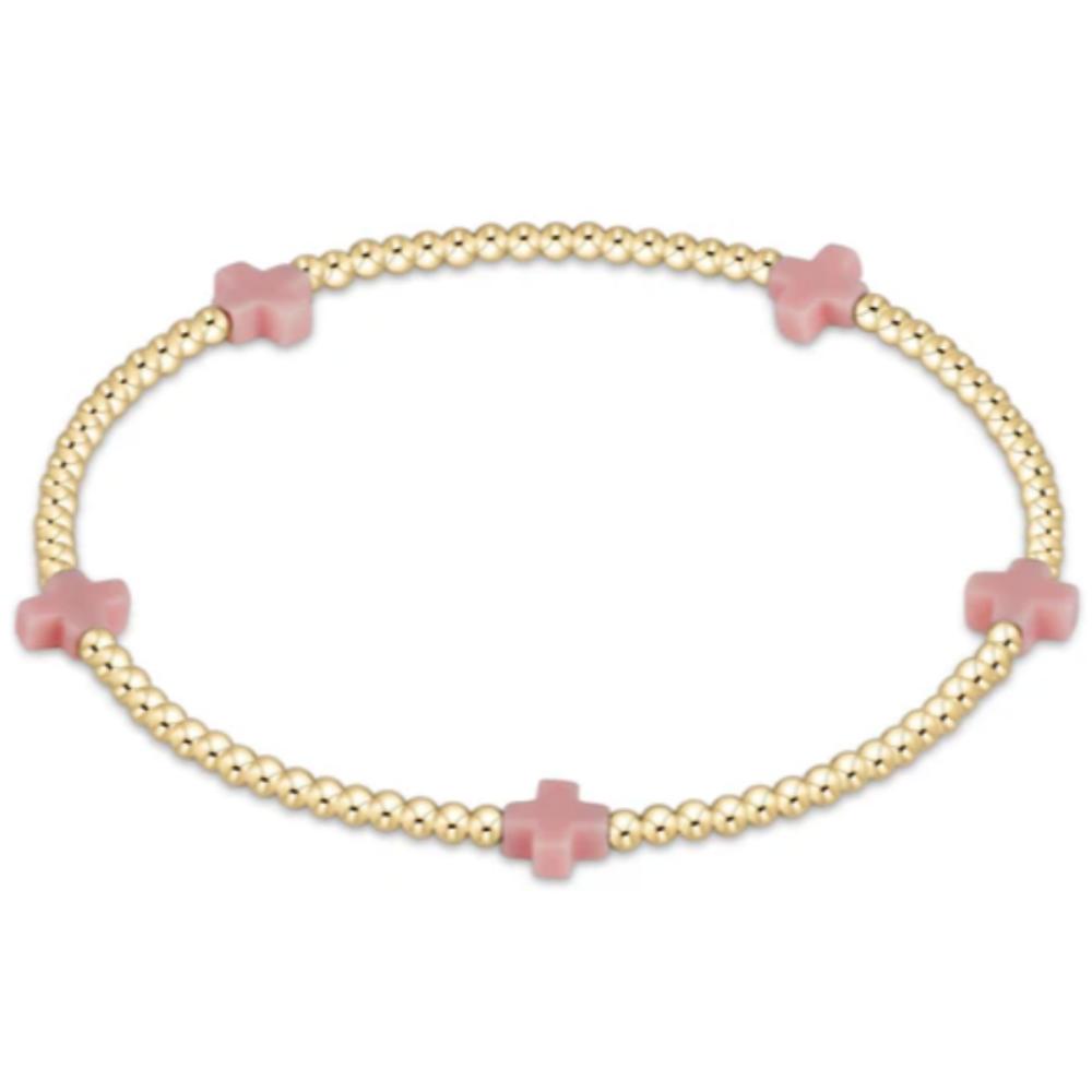 eGirl's 5.5-Inch Signature Cross Small 2mm Gold Pattern Pink Bead Bracelet by enewton
