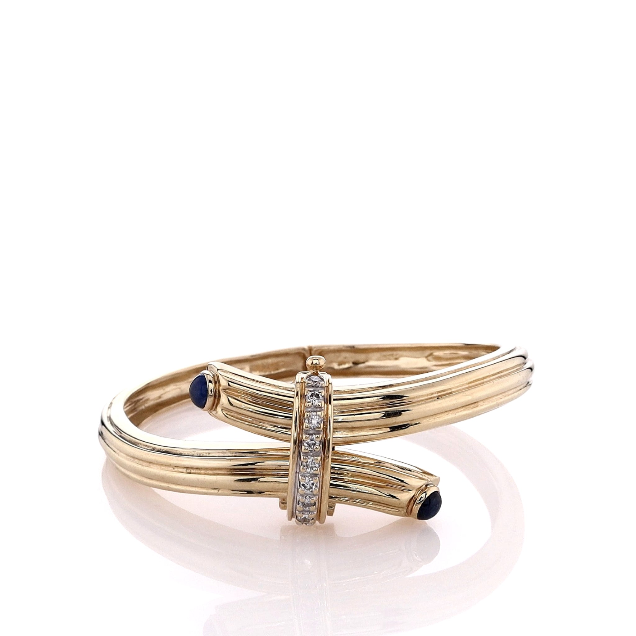 14k Yellow Gold Ribbed Diamond and Sapphire Bypass Bangle with Double Peg Bar Latch