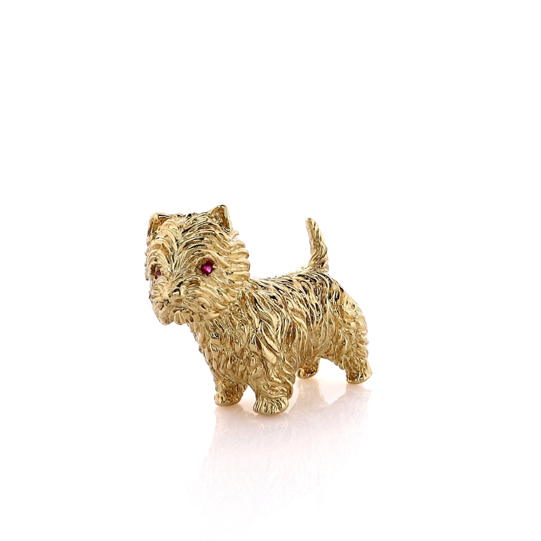 Exquisite Estate 18k Yellow Gold Round Ruby Eyed Scottish Terrier Dog Brooch for Jewelry Lovers