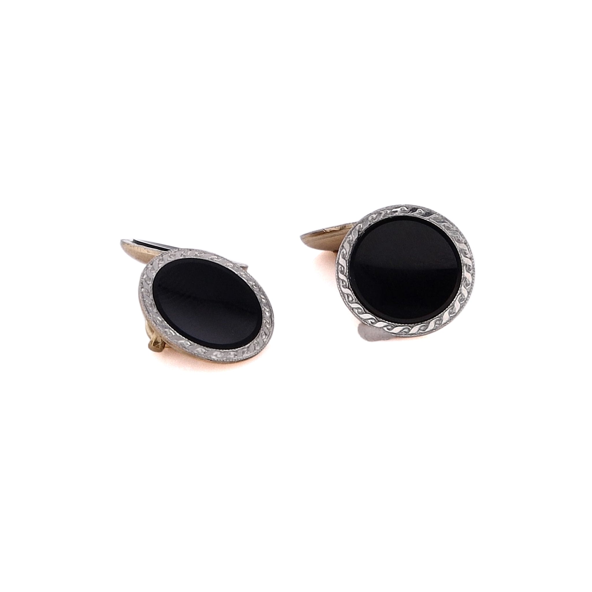 Elegant 14 Karat Two-Tone Men's Concave Onyx Disc Cufflinks with Intricately Hand-Engraved Border