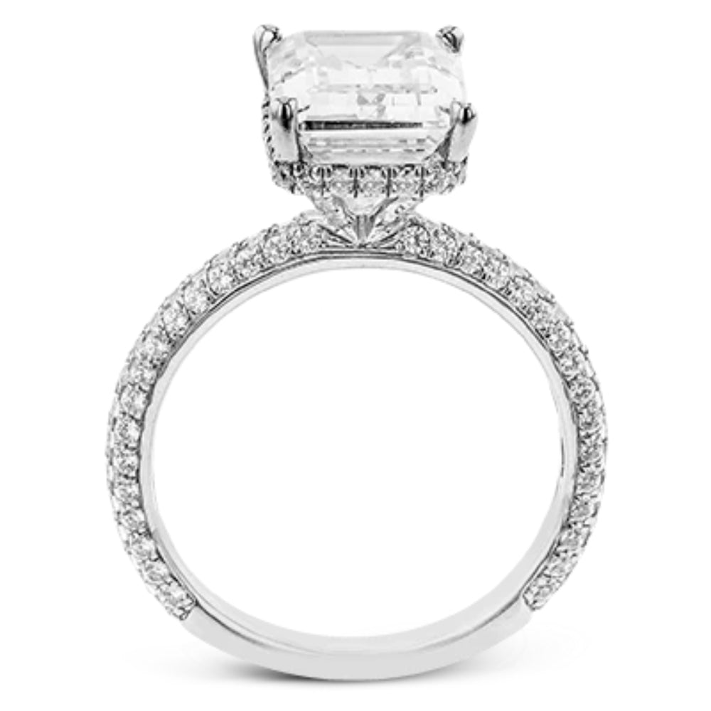 Simon G. Exquisite 18k White Gold Emerald - Cut Hidden Halo Engagement Ring Adorned with Sparkling Diamonds