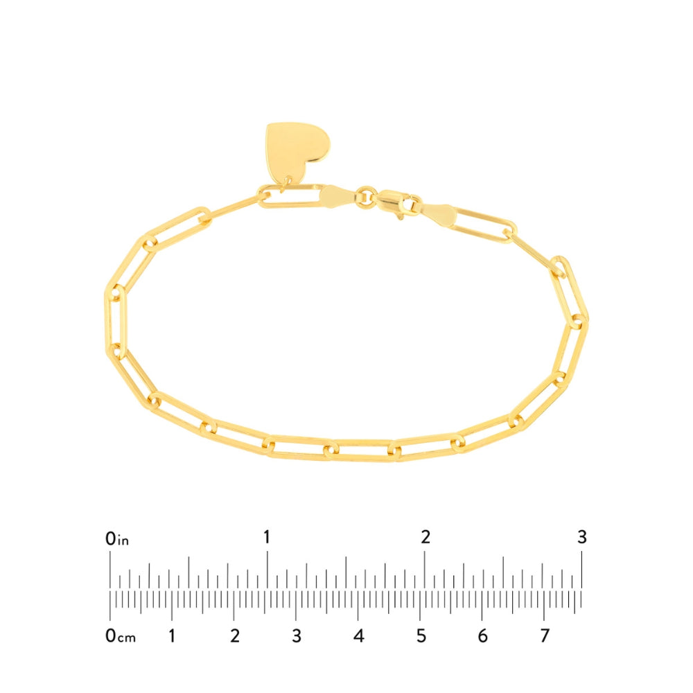 Exquisite 14k Yellow Gold Paperclip Style Bracelet Featuring a Dangling Heart Charm