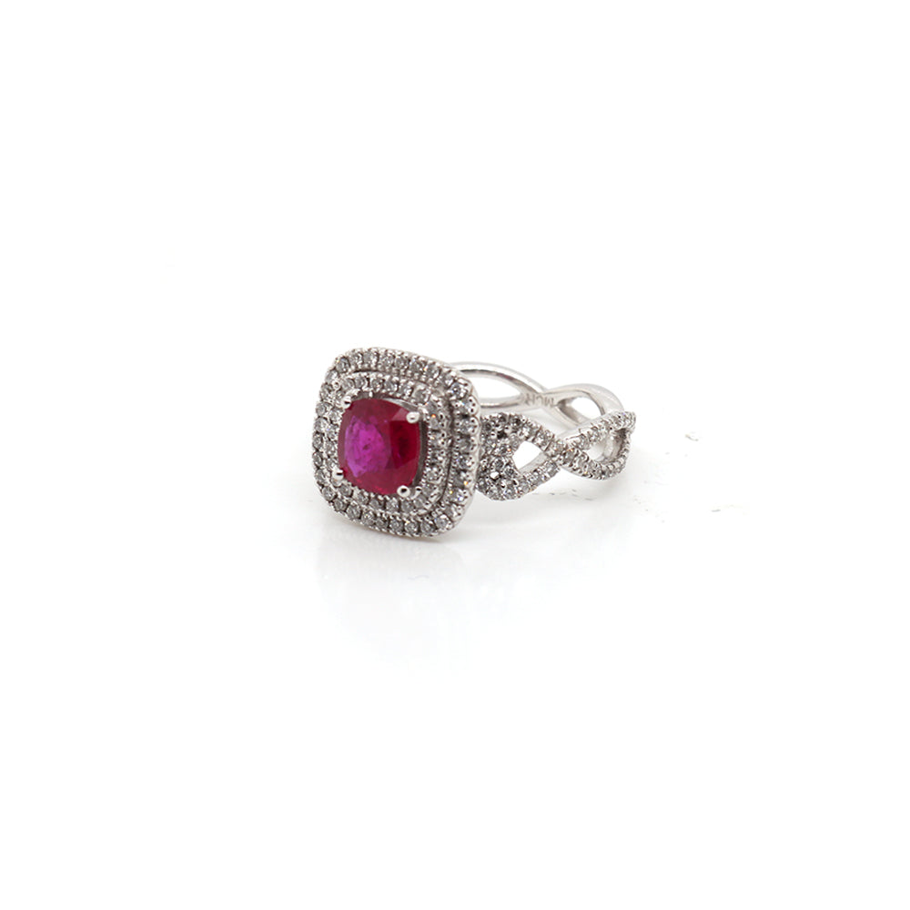 Exquisite 18k White Gold Double Halo Ruby Ring