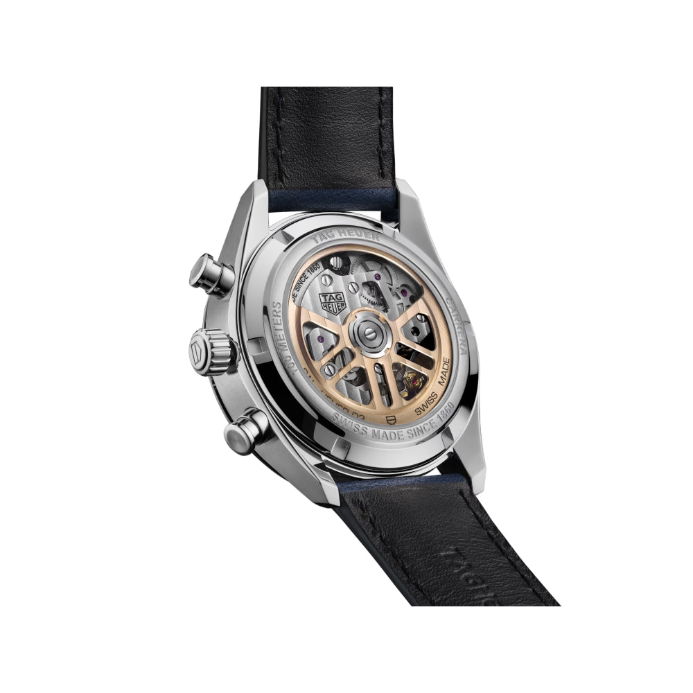Tag Heuer Carrera 42mm Automatic Chronograph Watch with Striking Blue Design and Orange Accents