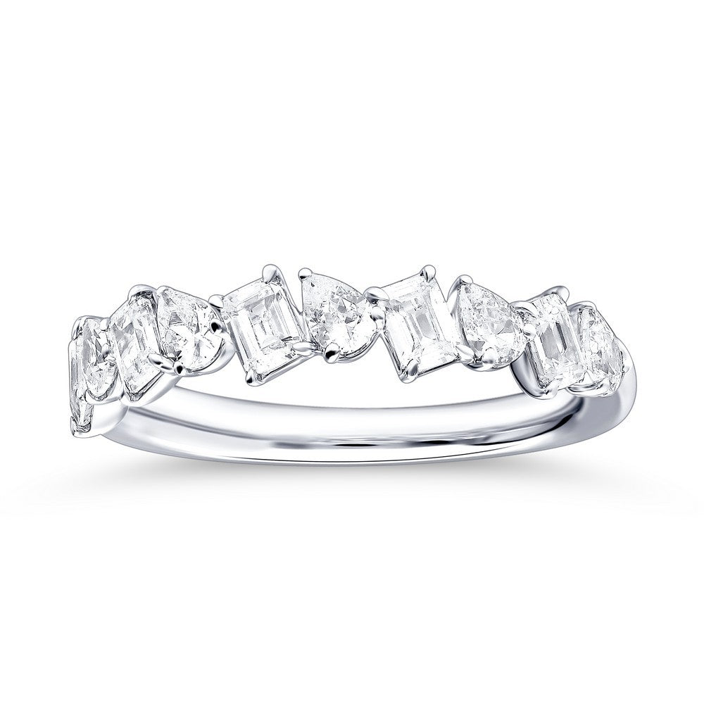 Stunning 14k White Gold Asymmetric Band with Emerald and Pear - Shaped Diamonds
