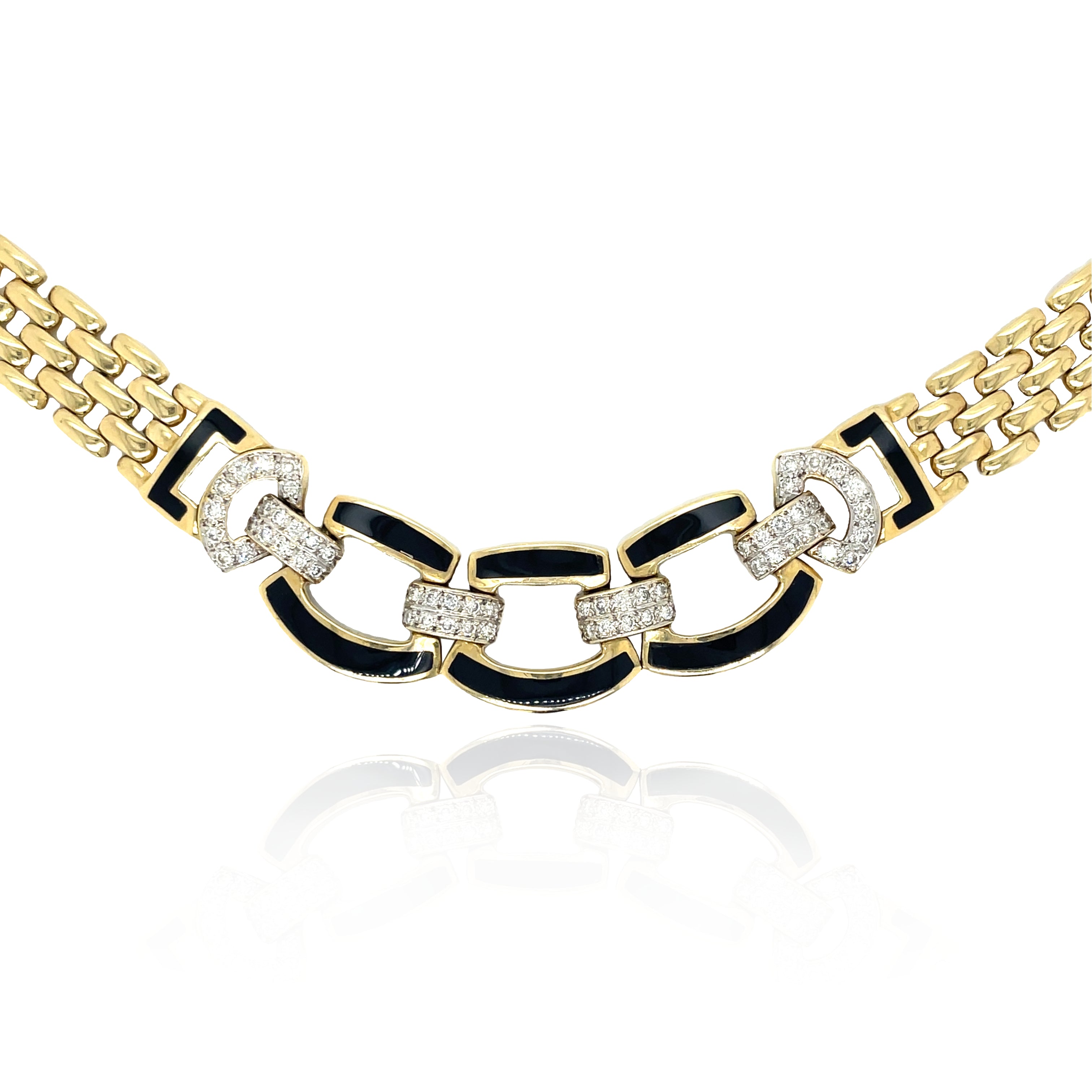 14k Yellow Gold Panther Link Necklace with Sparkling Diamonds and Black Onyx Inlay