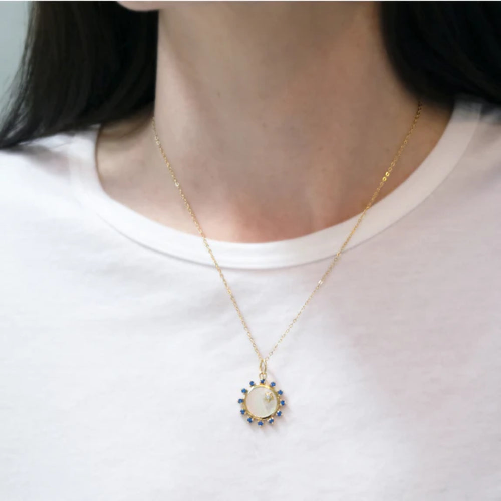 Monica Rich Kosann 18k Yellow Gold Mini Mother of Pearl and Sapphire Happiness Sun-Shaped Charm Pendant