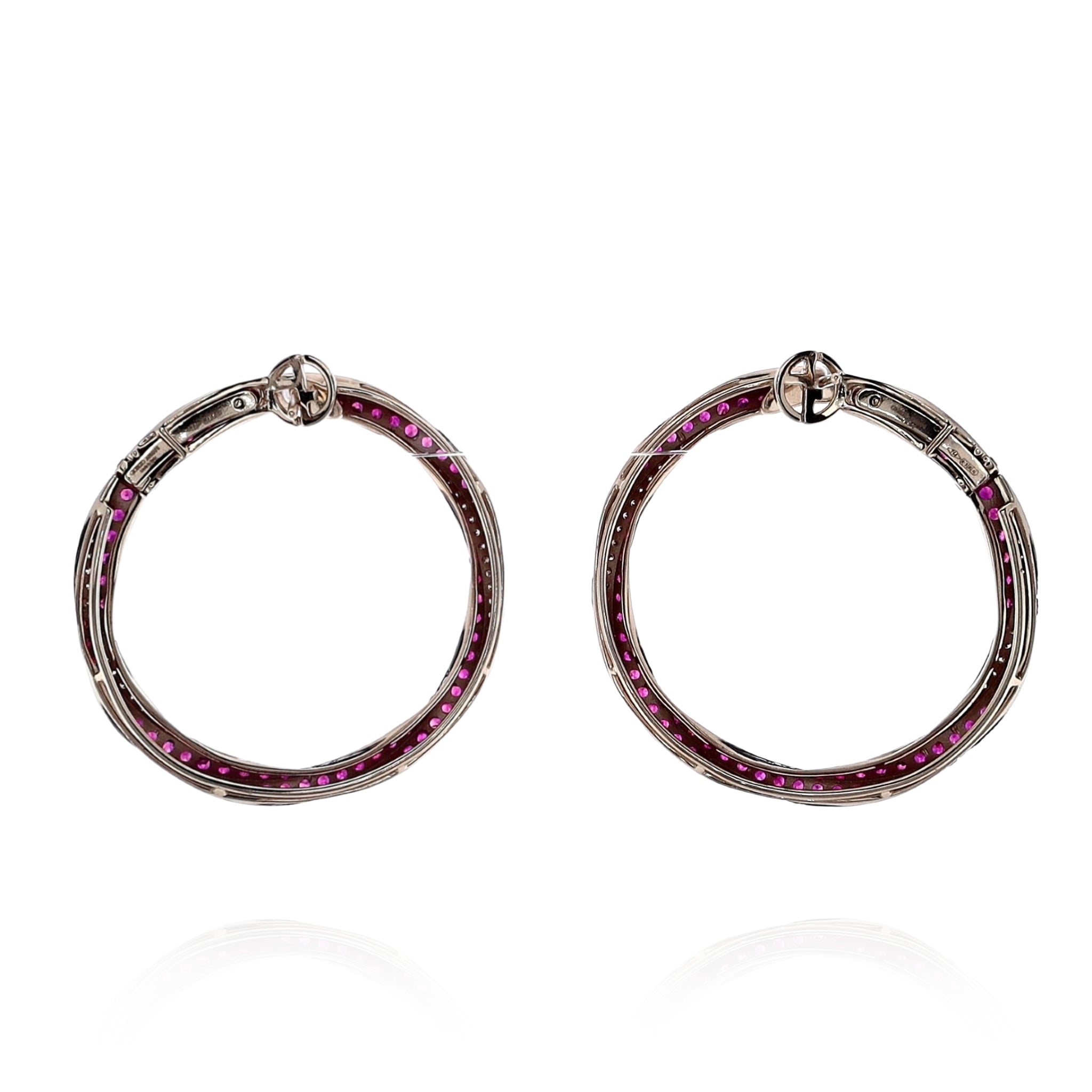 Giorgio Armani 18k White Gold Twisted Circle Hoop Earrings with Rubies and Diamonds