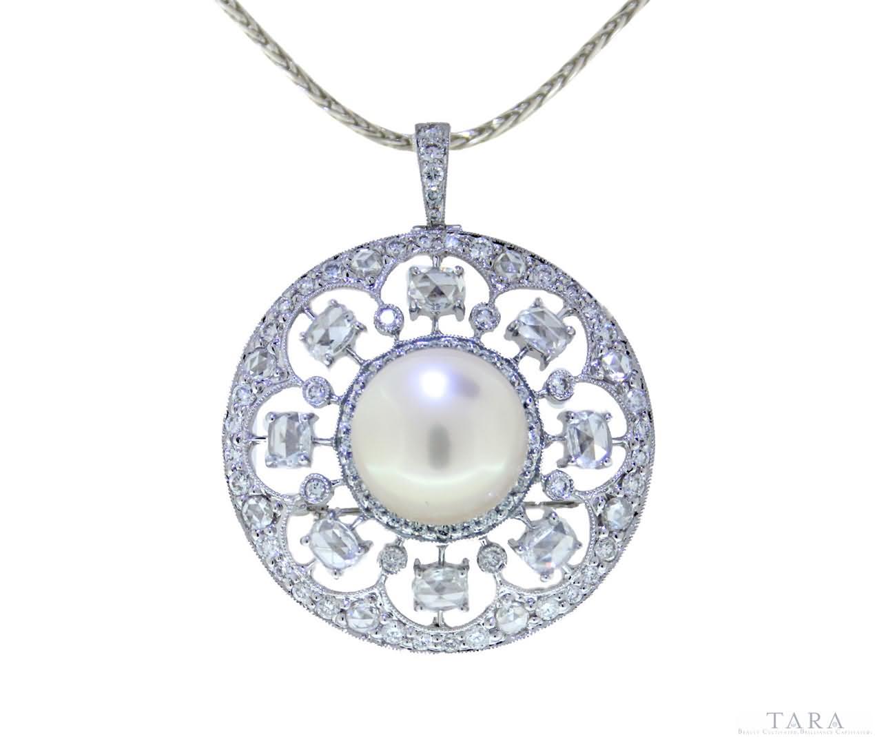 Tara 11 - 12mm Open - Work White South Sea Pearl and Diamond Brooch/Pendant Jewelry Piece