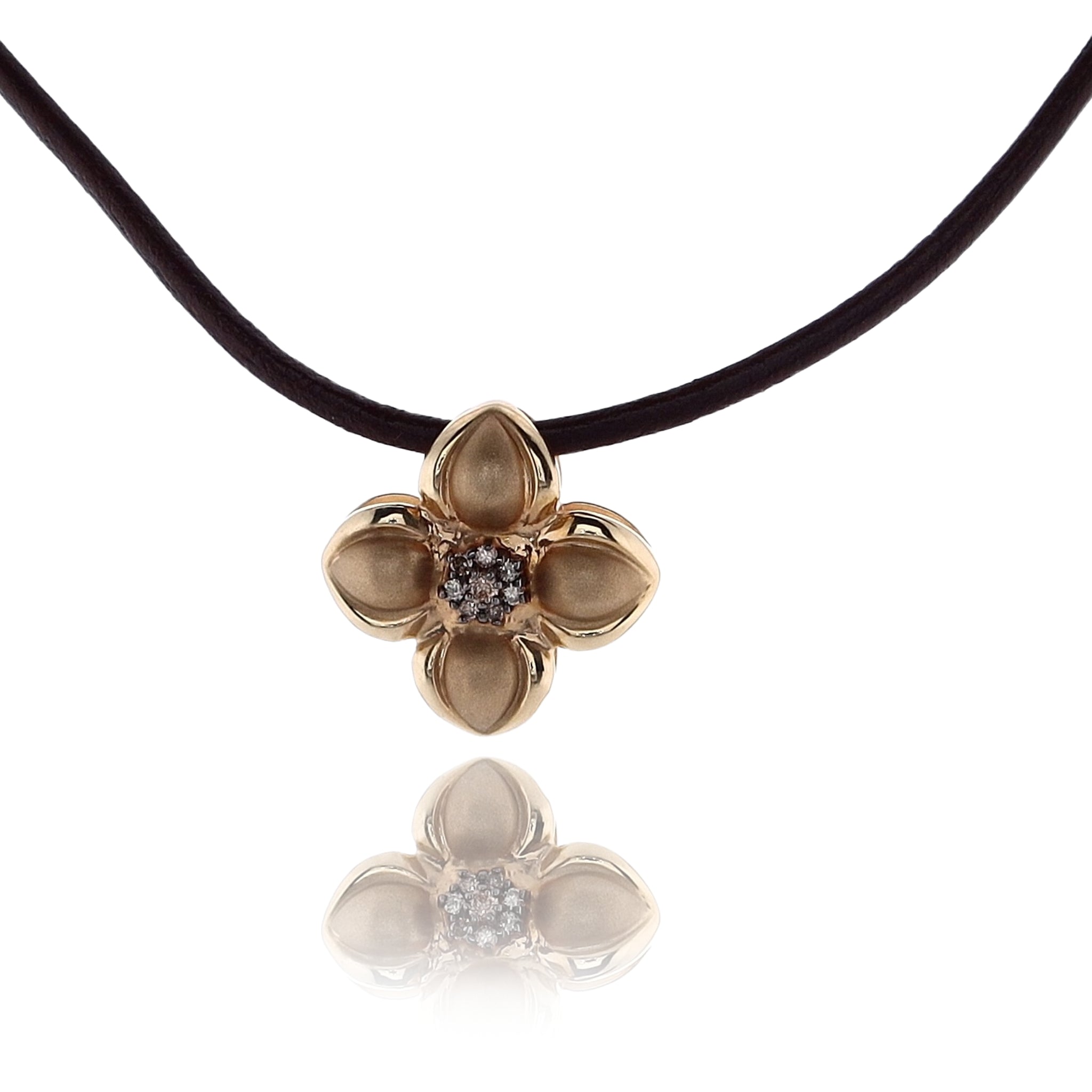 14K Yellow Gold Flower Diamond Pendant with Adjustable Brown Leather Cord Necklace