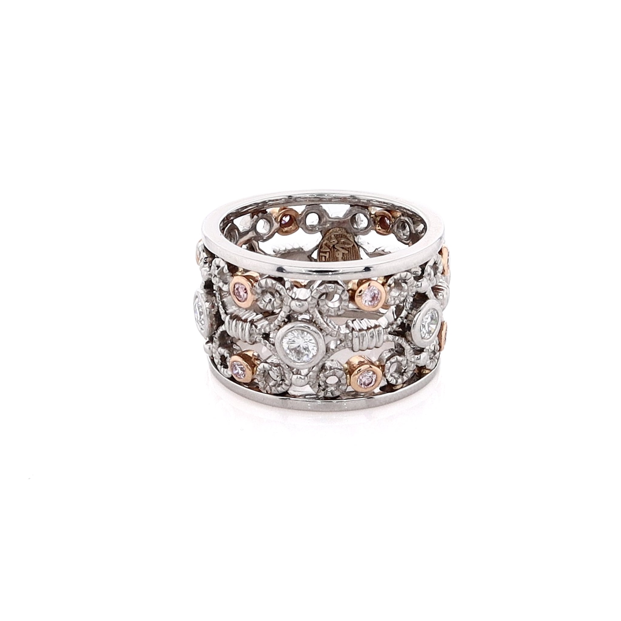 Exquisite Estate Platinum and 18k Rose Gold Wide Band Open Scrollwork Diamond Engagement Ring