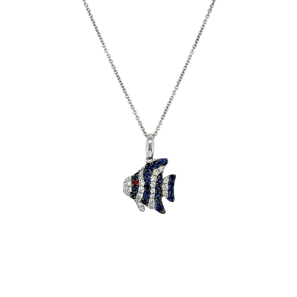 18k Gold Sapphire, Diamond and Ruby Fish - Design Pendant Necklace for Women