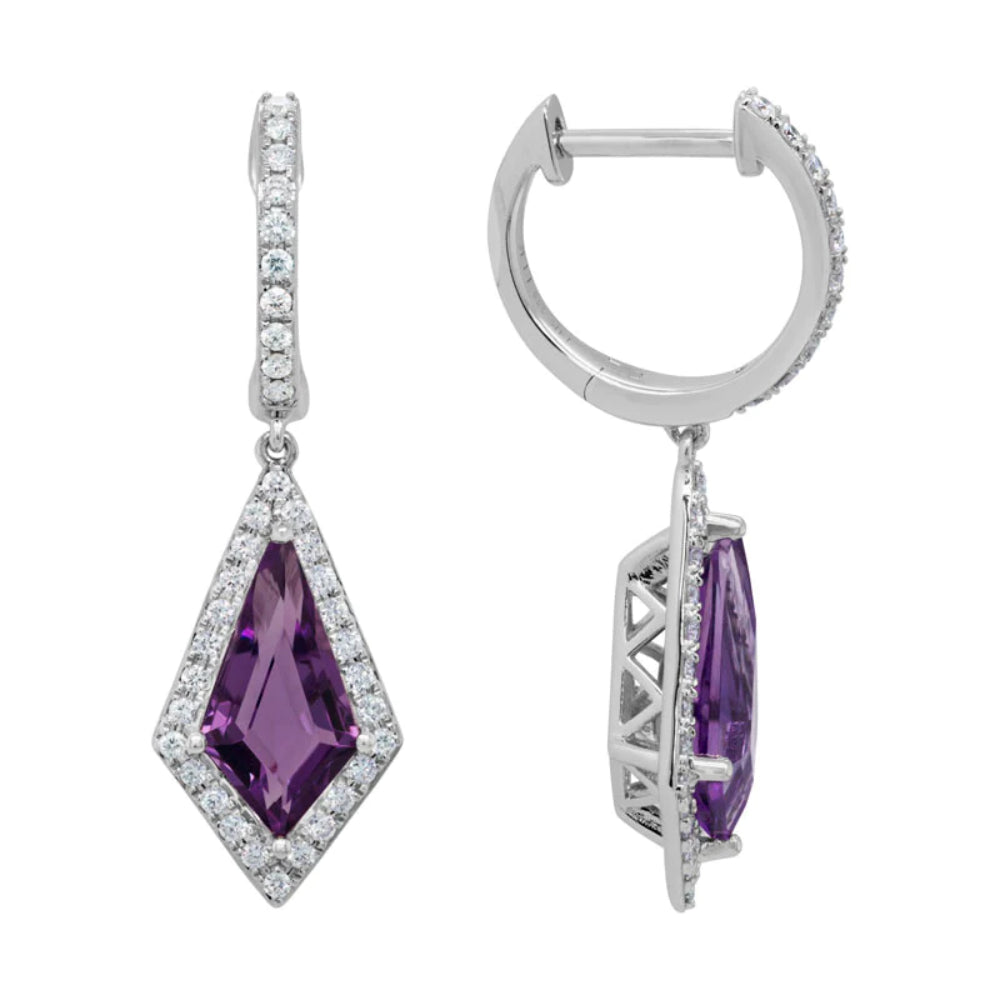 Gorgeous 14k White Gold Amethyst and Diamond Drop Earrings for Women's Elegant Jewelry Collection