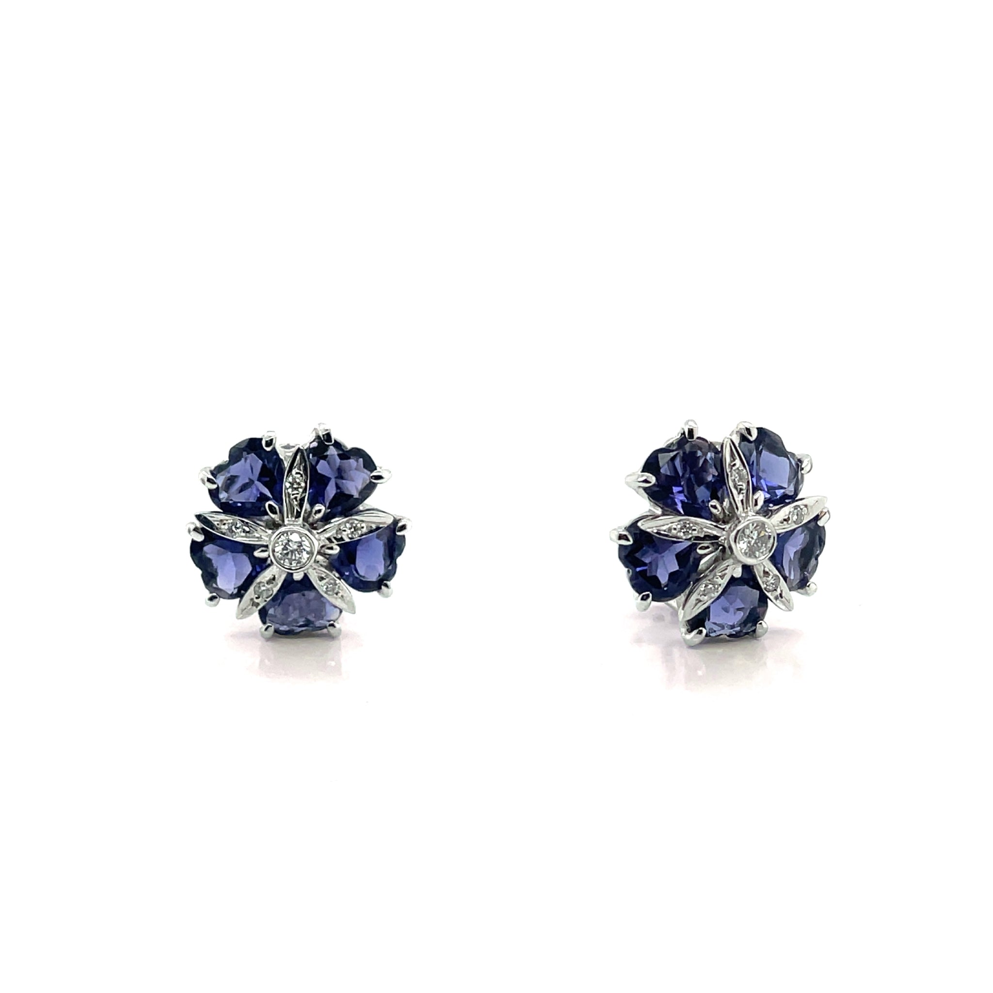 14k White Gold Flower-Style Tanzanite and Diamond Stud Earrings with Omega Clip Backings