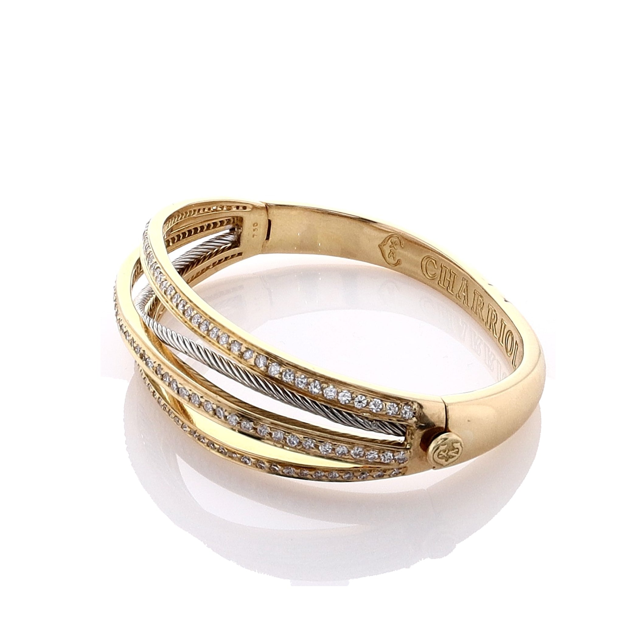 Charriol 18k Yellow Gold Multi - Row Diamond Hinged Bracelet with Wavy Cable