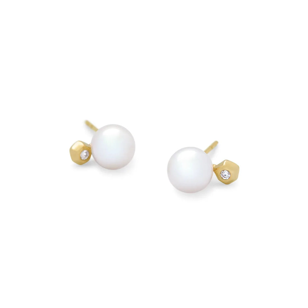 Kendra Scott Cathleen 14k Yellow Gold Pearl and Diamond Stud Earrings, Classic Style
