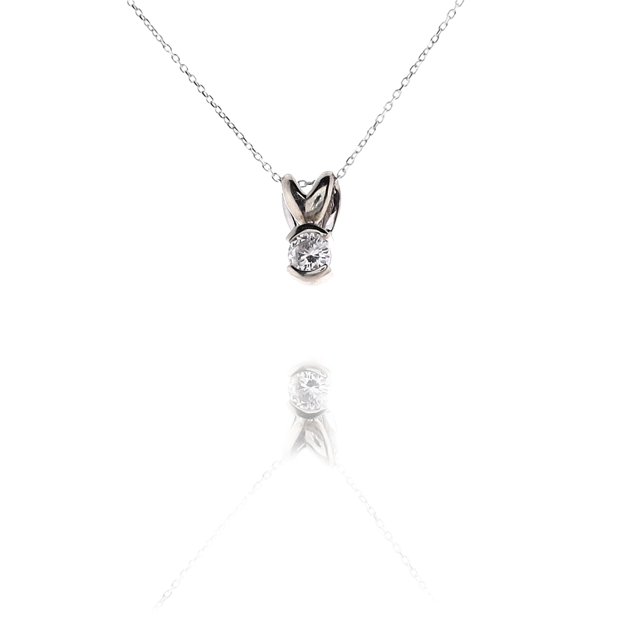 14K White Gold Solitaire Half - Bezel Set Diamond Rabbit Ears Pendant with 18' Cable Chain