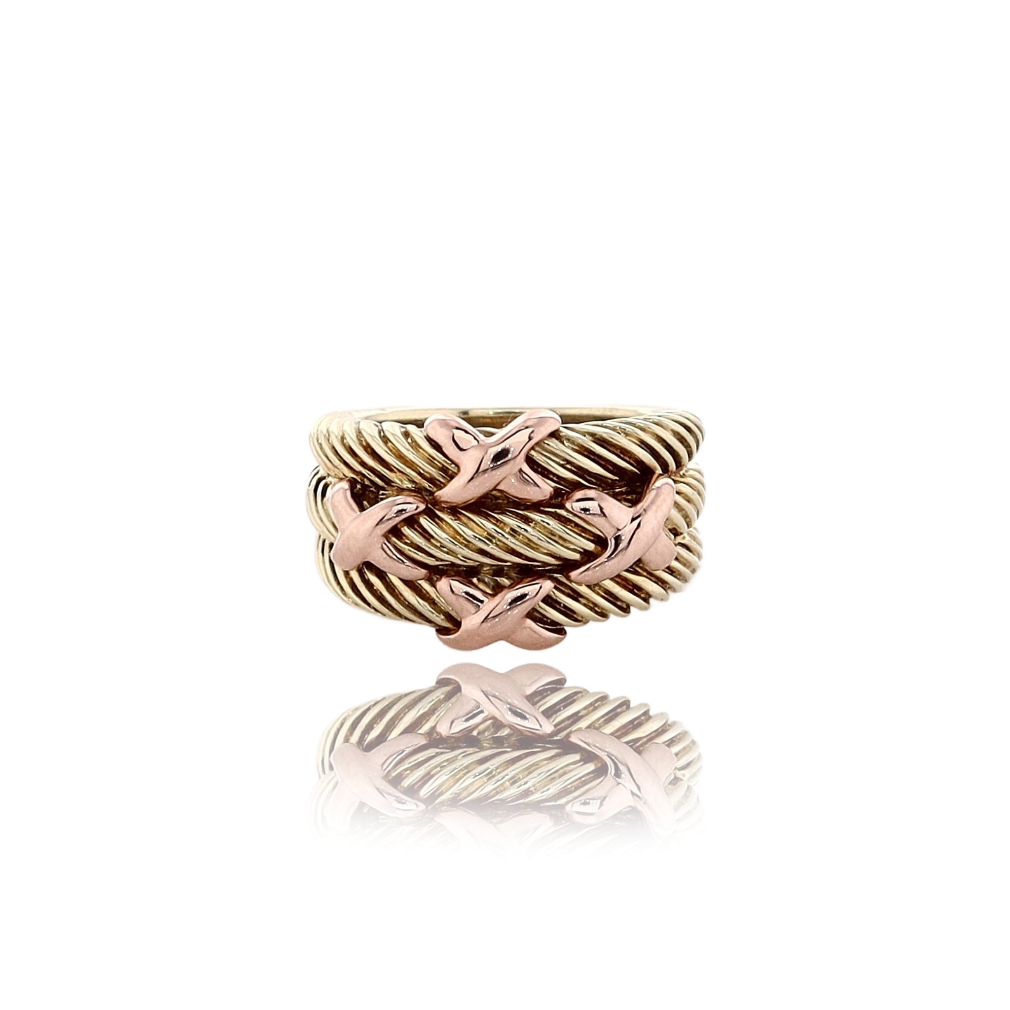 Estate David Yurman 18 Karat Two - Tone Yellow and Rose Gold Jewelry Ring with Triple Cable Band and Four Rose Gold 'X' Designs