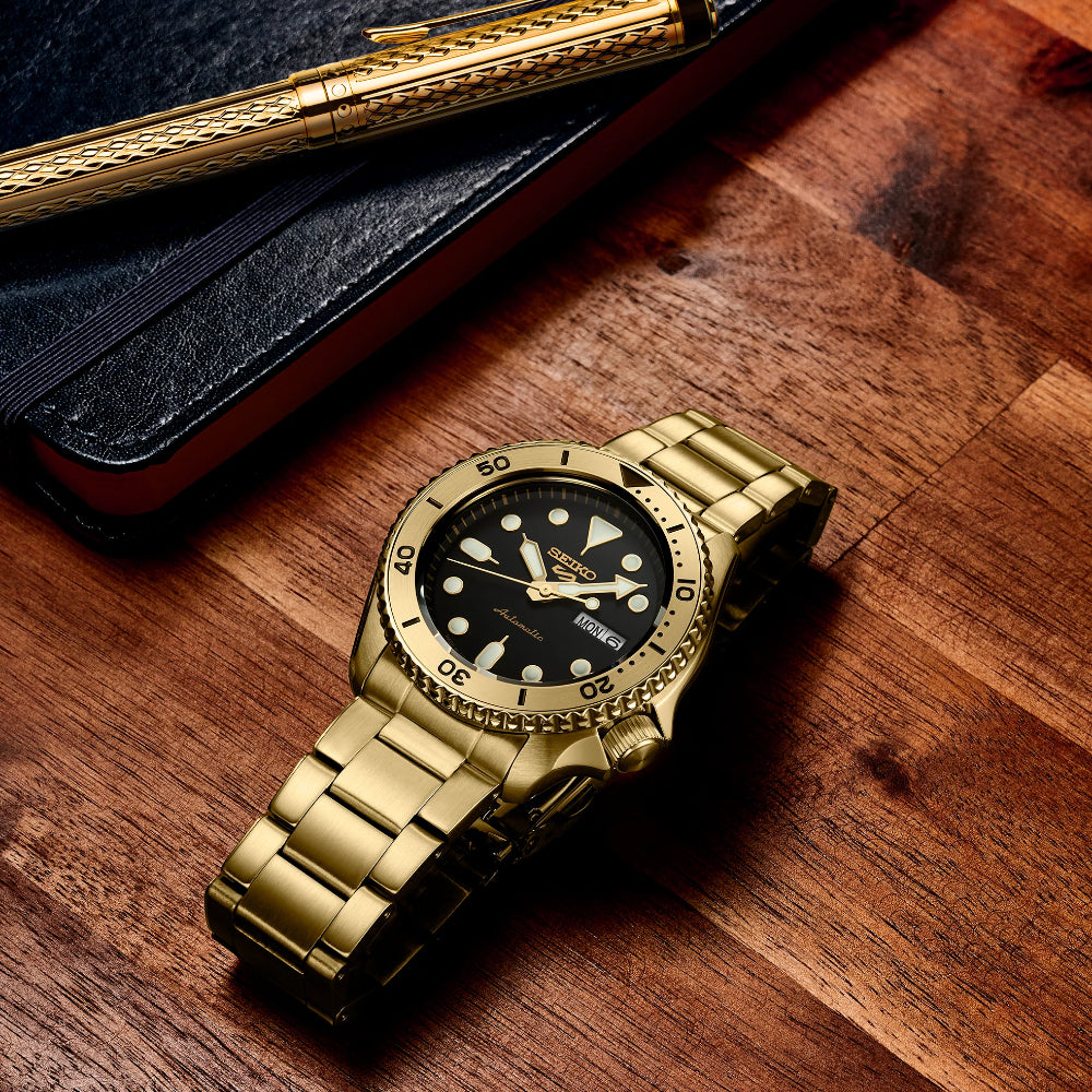 Seiko 5 Sport 38mm Automatic Gold Colored Watch with Black Dial SRPK18 - A Stylish and Versatile Timepiece