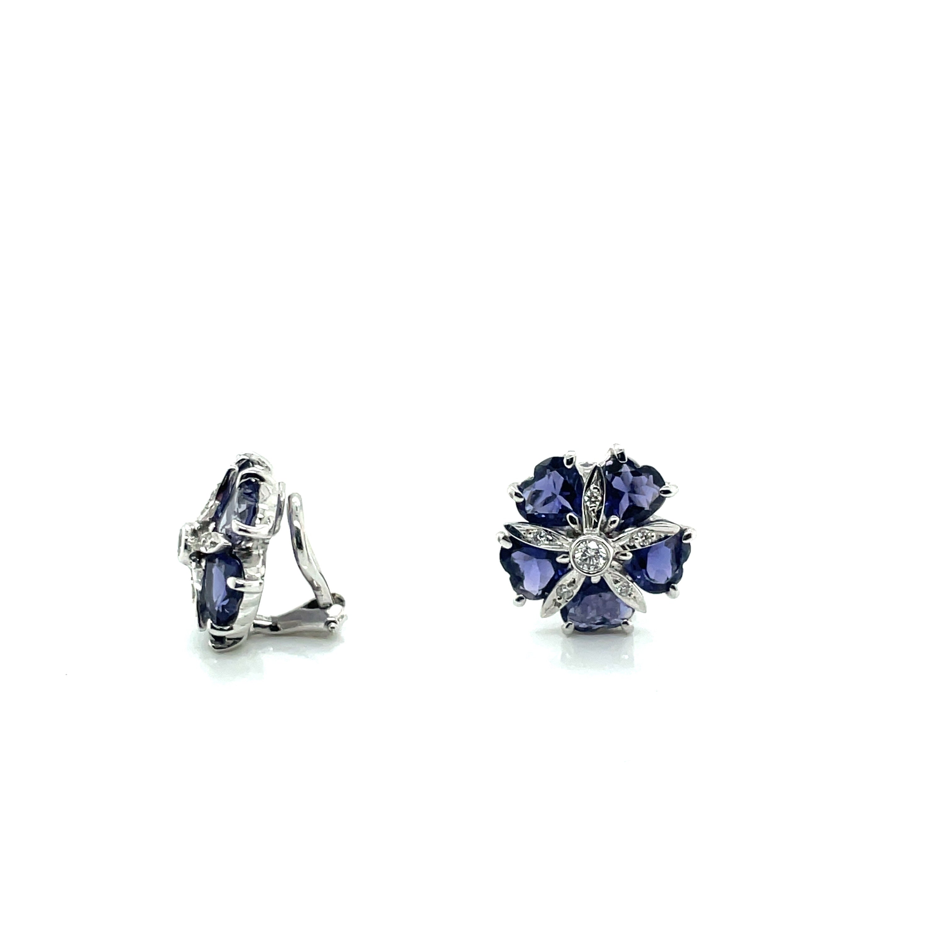 14k White Gold Flower-Style Tanzanite and Diamond Stud Earrings with Omega Clip Backings