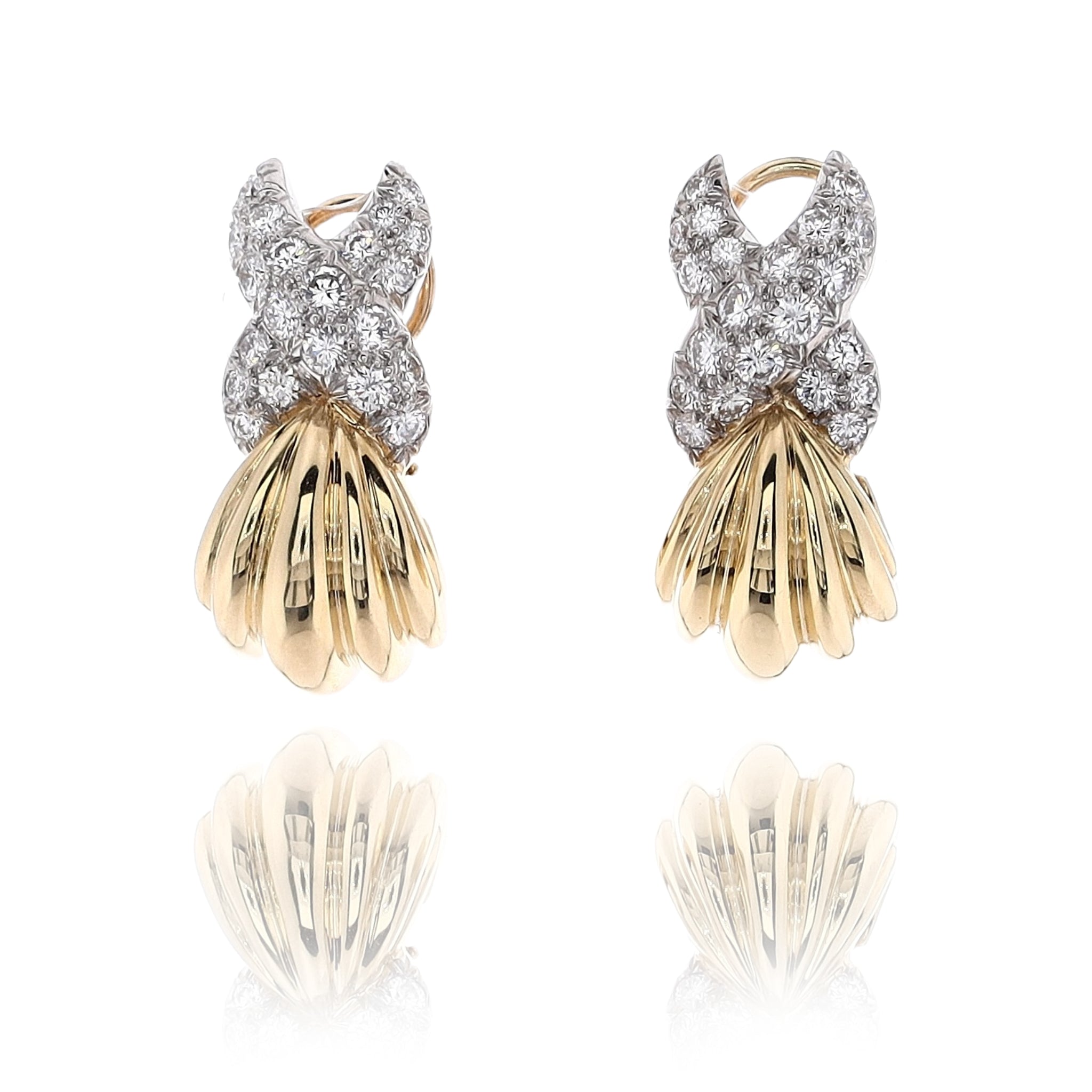 Estate Charles Turi Two-Tone Diamond Earrings with Scallop Design and Pave X Pattern