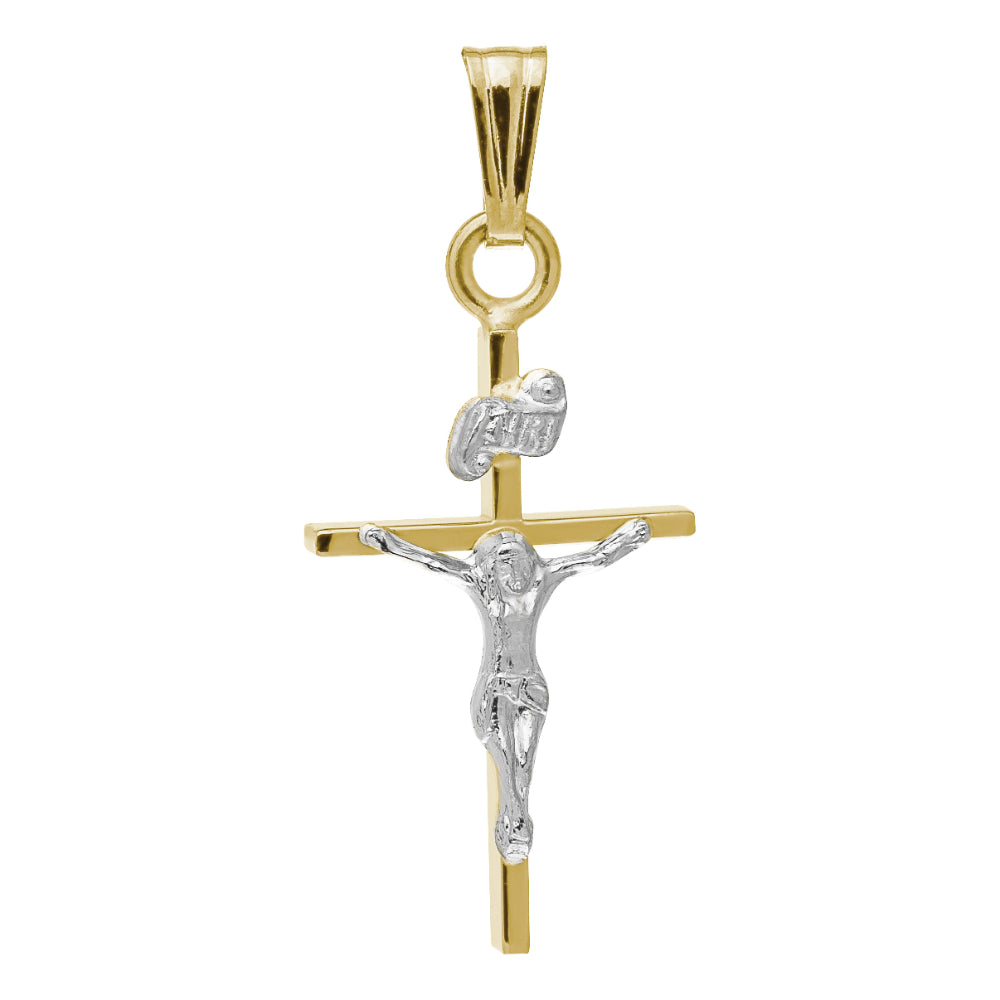 14k Two-tone Gold Religious Crucifix Pendant Necklace with 18-inch Chain