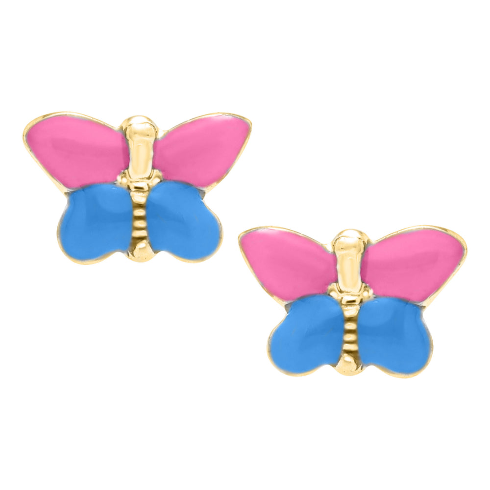 14k Gold Butterfly Earrings for Children with Stunning Pink and Blue Hues