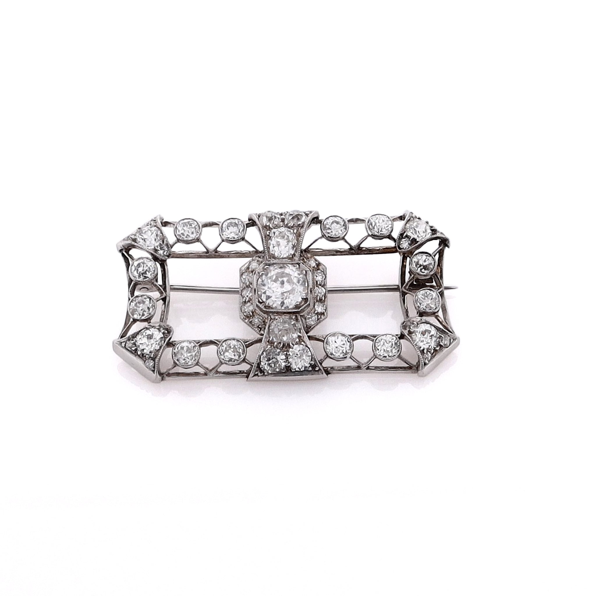Estate Luxury Platinum and 18k White Gold Rectangular Diamond Brooch Pin