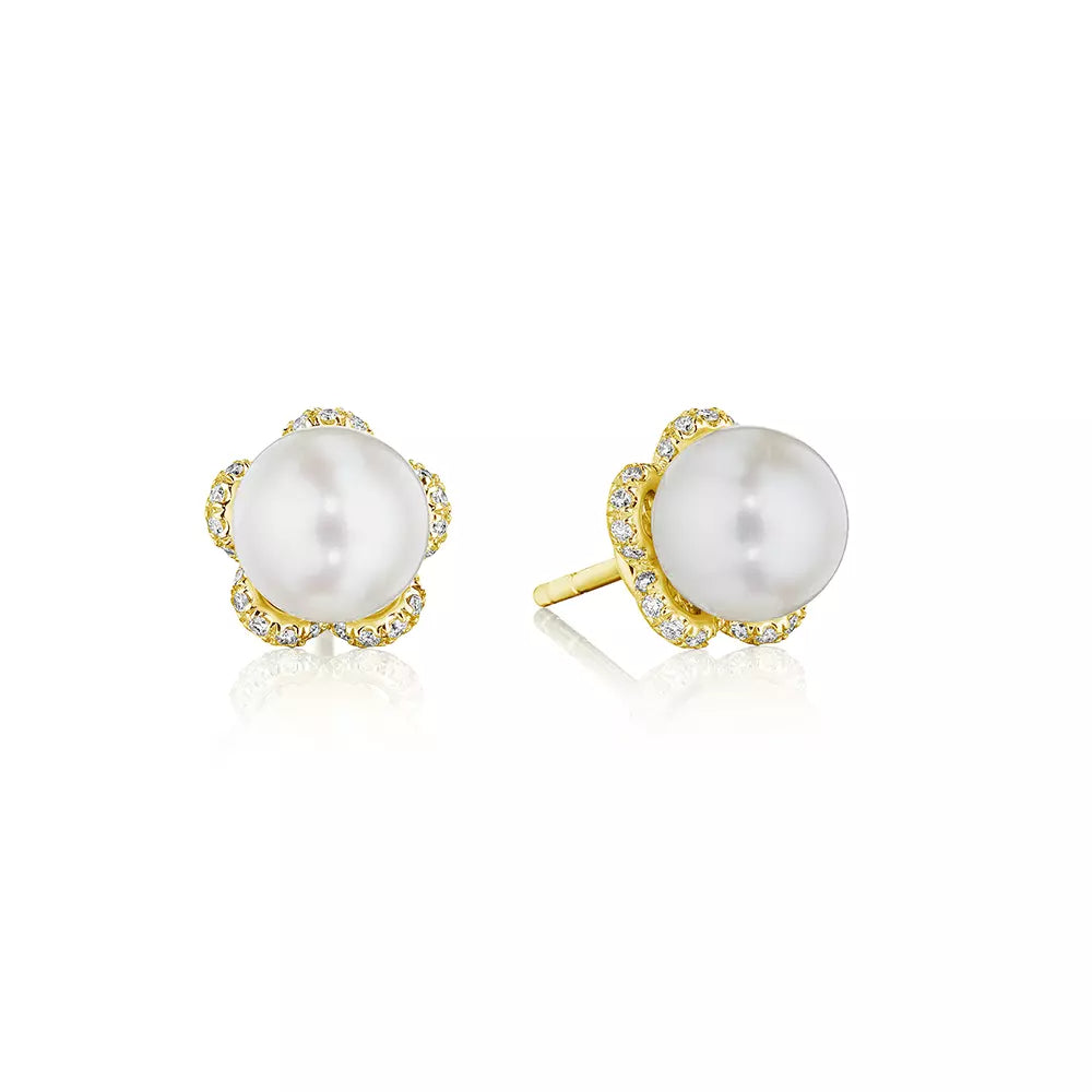 Verragio 18k Gold Victorian-Inspired Diamond and Pearl Stud Earrings - A Timeless Tiara Design