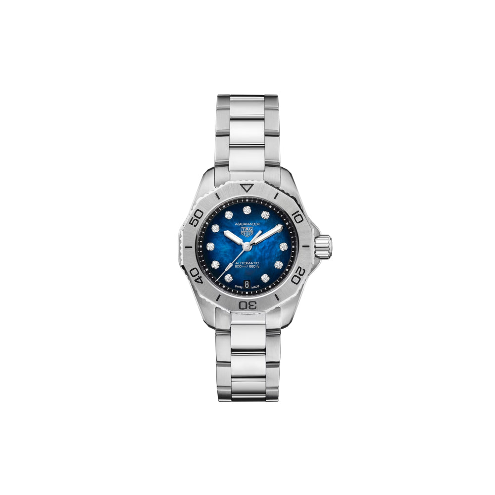 TAG Heuer 30mm Steel/Blue Aquaracer Professional 200 Date Watch with Diamonds