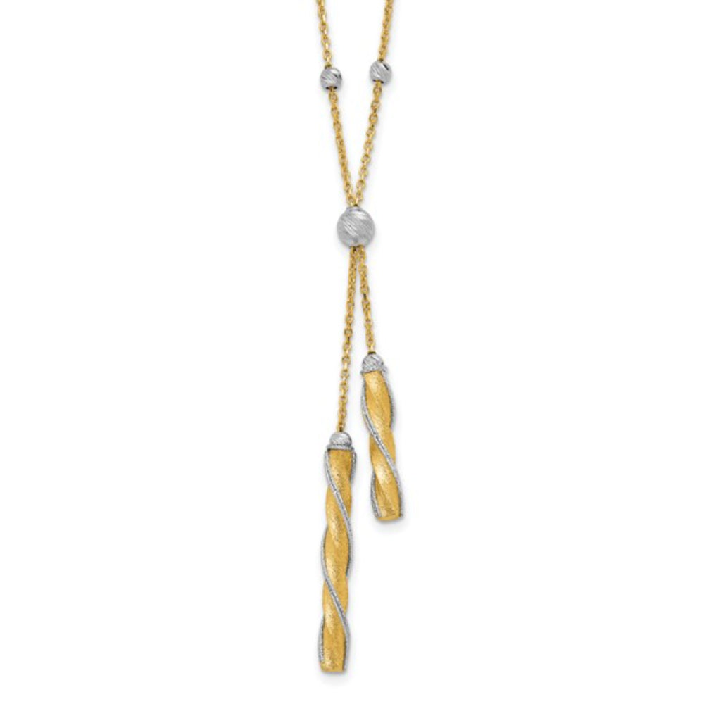 Stunning 14k Two-Tone Gold Polished and Satin Finish Diamond-Cut Adjustable Lariat Necklace for Women