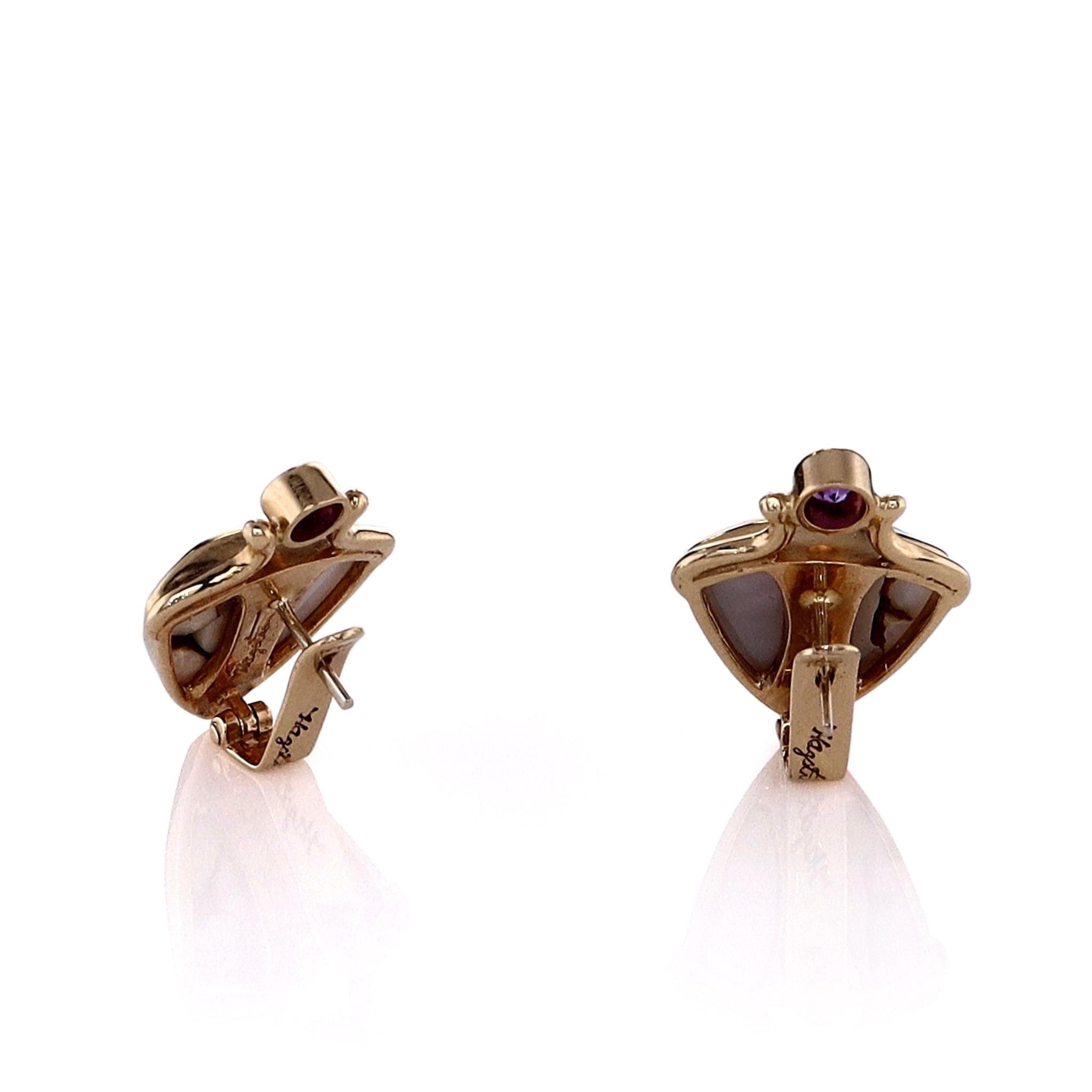 14k Yellow Gold Stud Earrings with Triangular Mother of Pearl and Round Amethysts
