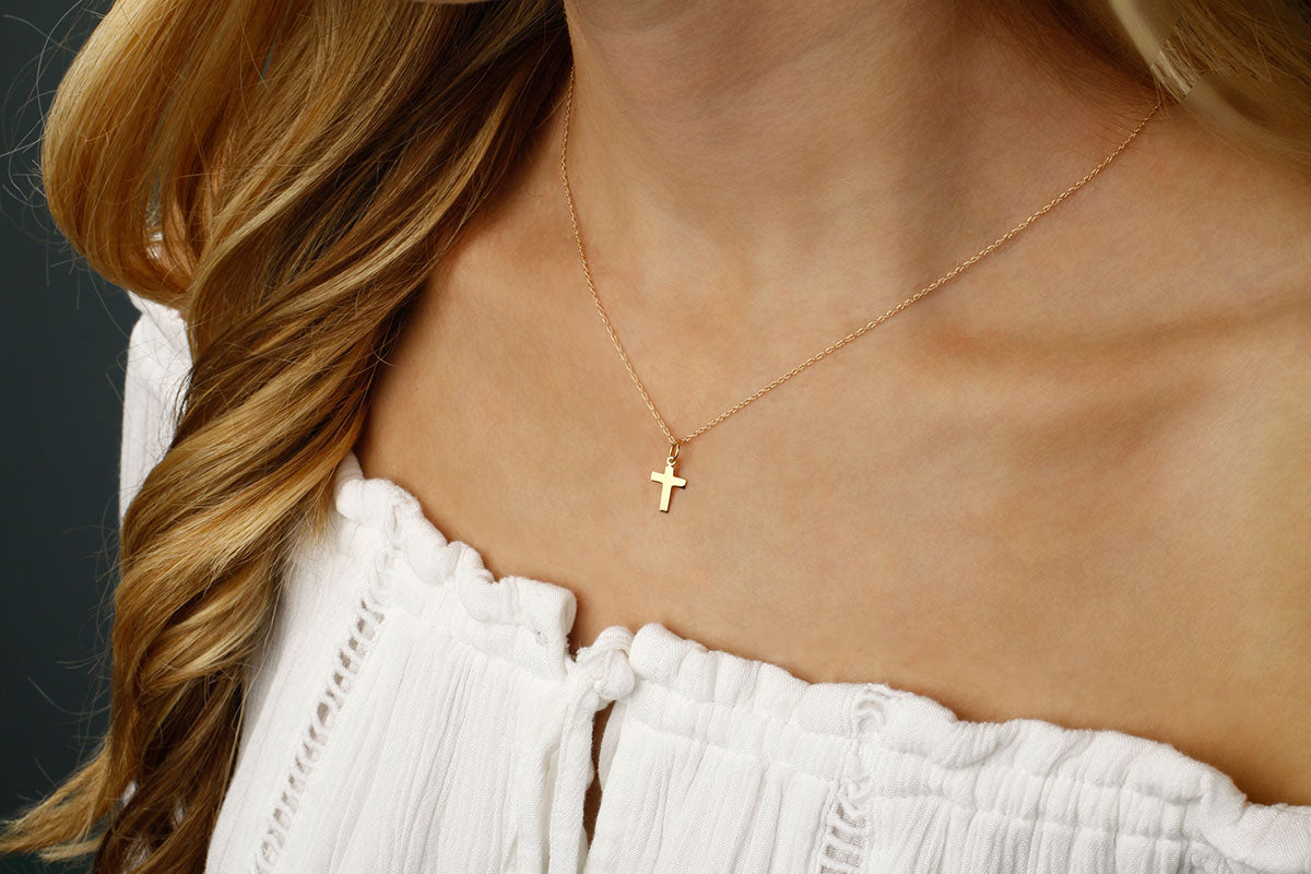 14k Gold Delicate Small Flat Cross Pendant Necklace for Stylish Look