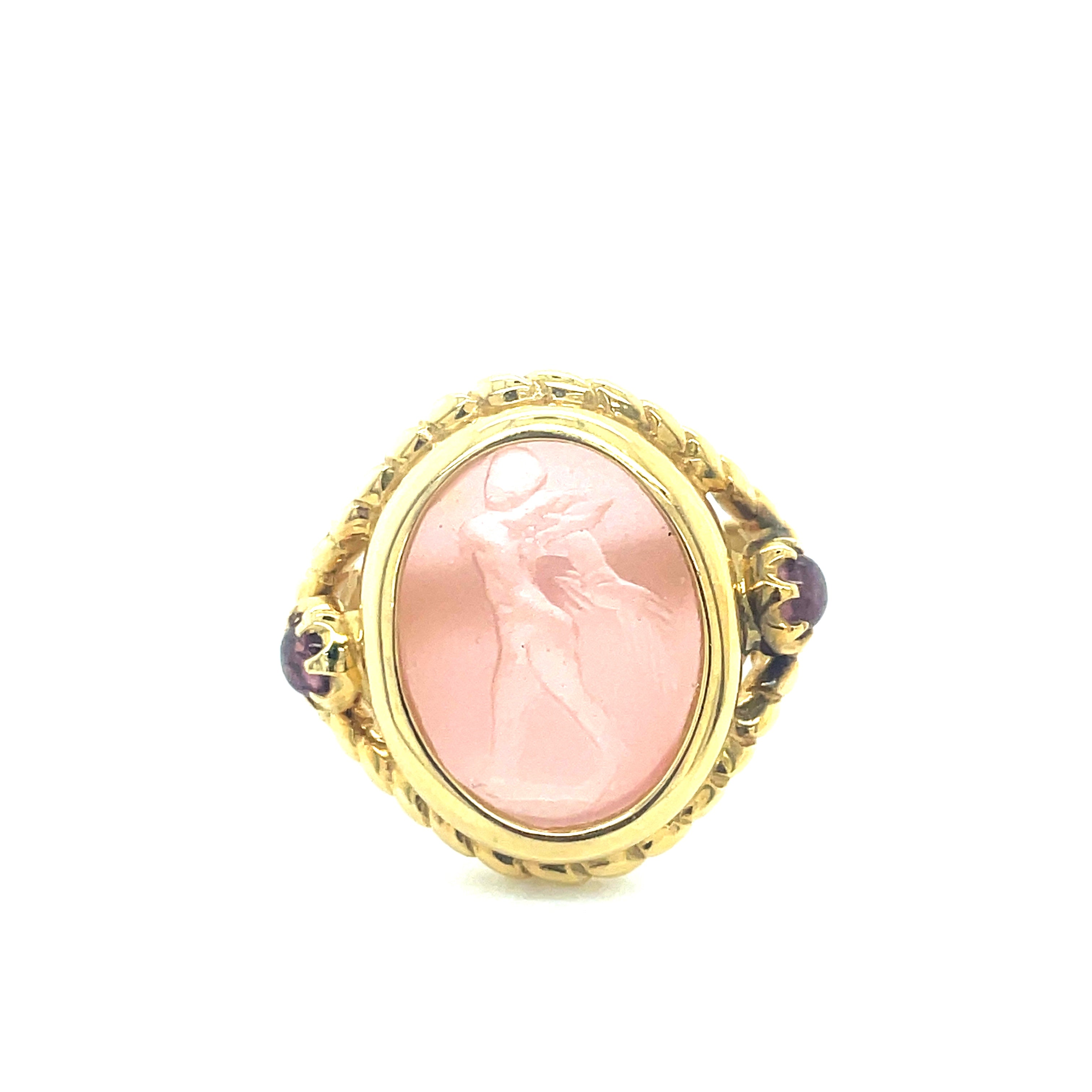 Stunning 18k Yellow Gold Intaglio Ring with Pink Glass and Tourmalines