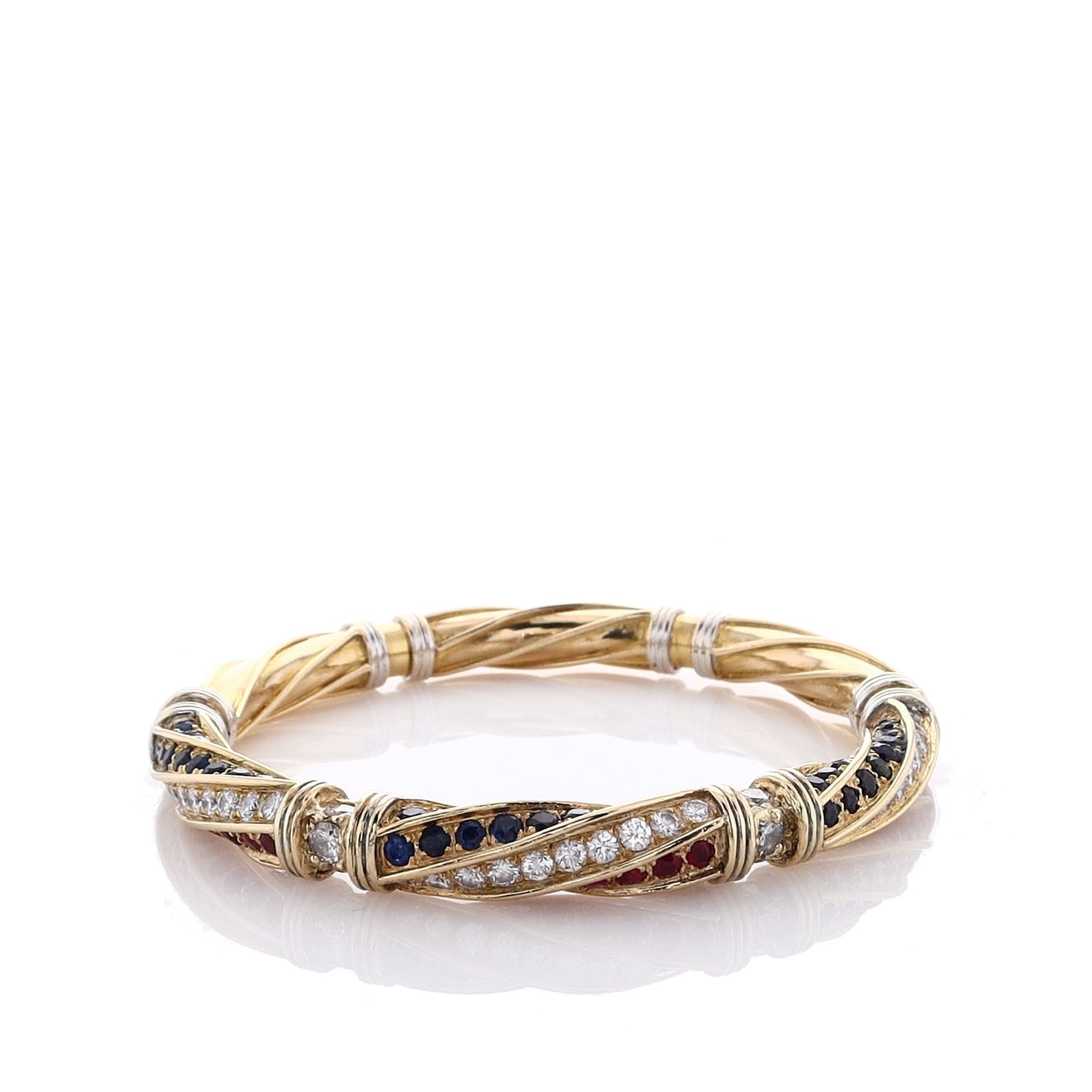 18k Two Tone Sapphire, Ruby & Diamond Luxury Bangle Bracelet