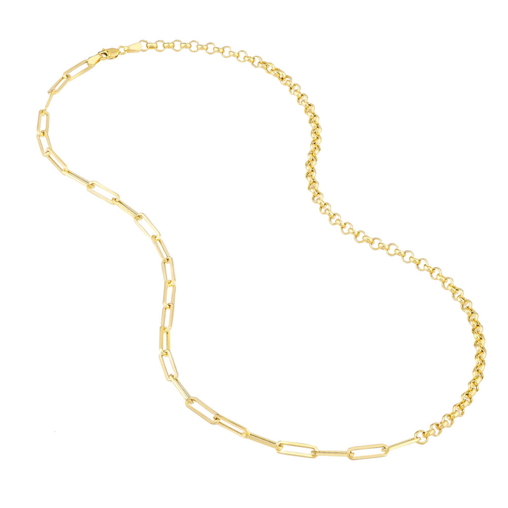 14k Yellow Gold 50/50 Paper Clip and Rolo Chain Necklace, 20 Inches