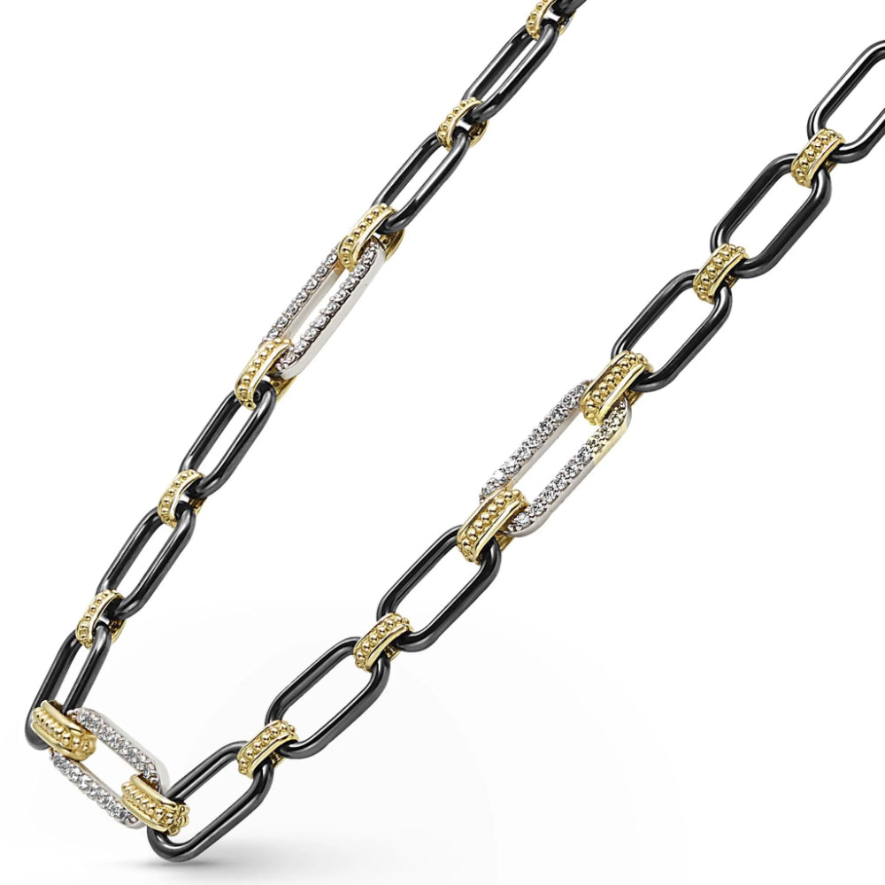 18k Gold and Black Ceramic Necklace with Three Diamond Stations, 6mm