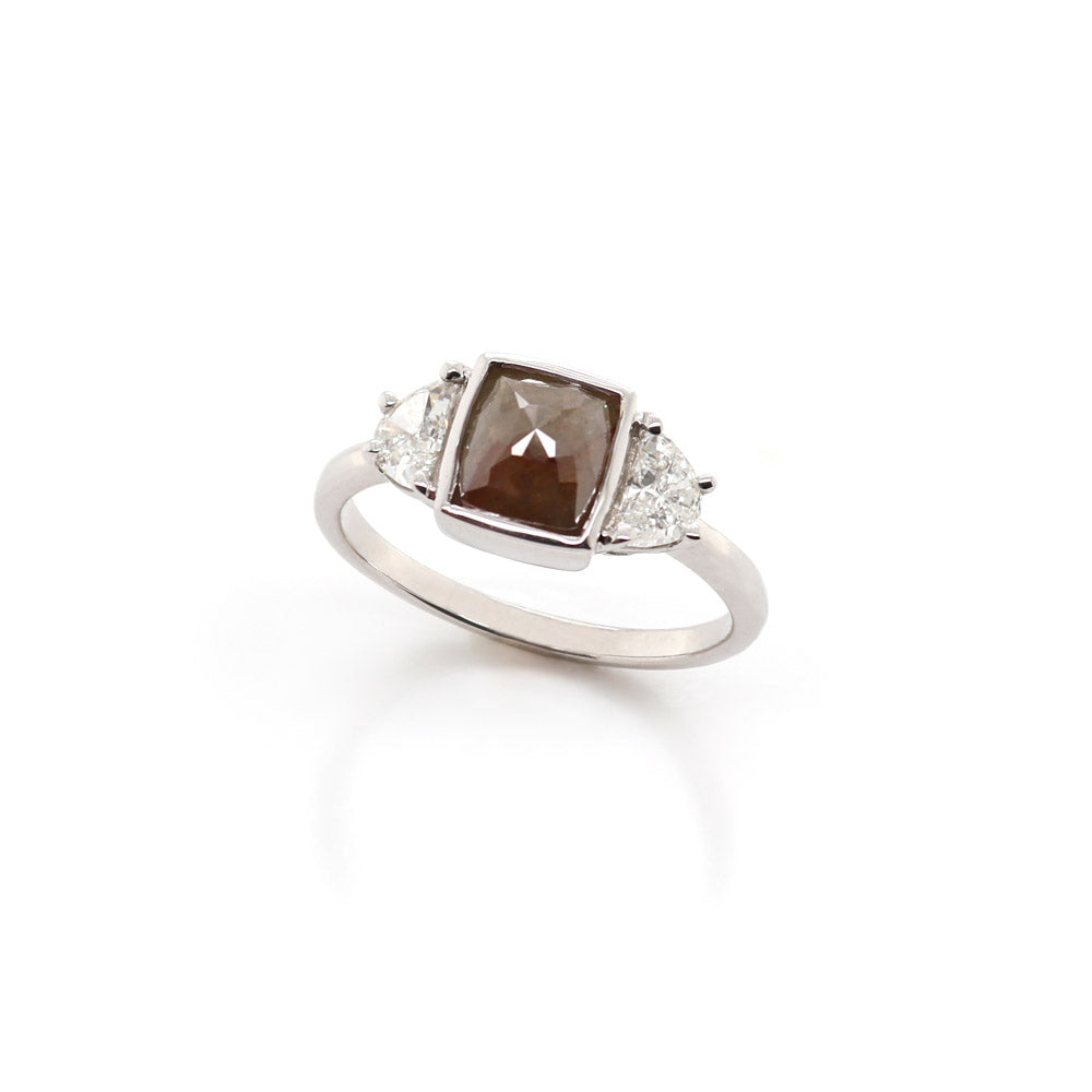 14k White Gold Stunning Salt and Pepper Diamond Ring with Half - Moon Side Stones