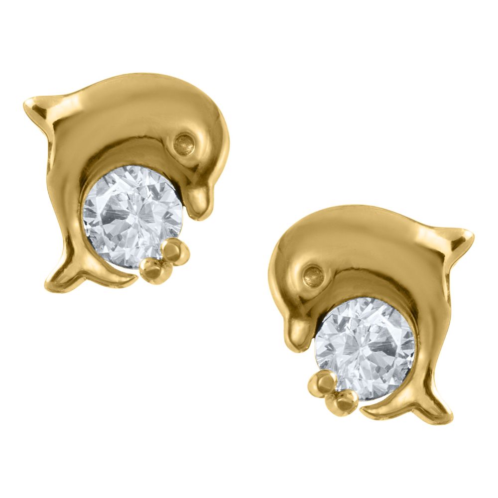 14k Gold Children's Cubic Zirconia Dolphin Stud Earrings for Timeless Style