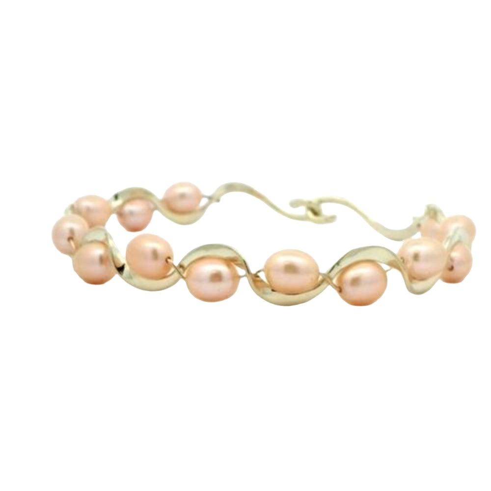 Exquisite 14k Gold Bracelet with Ruffle Design and Peach Pearls