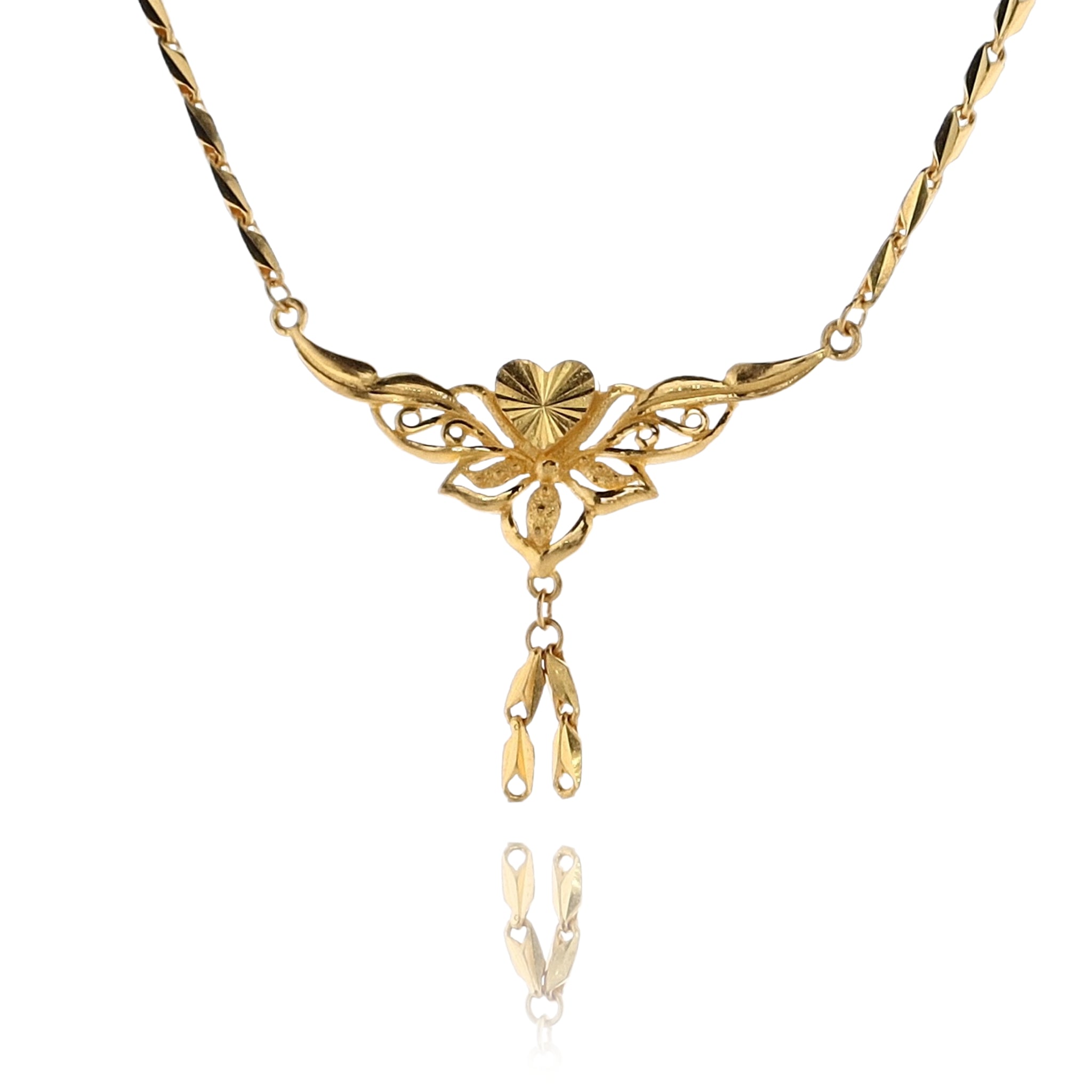24K Yellow Gold Rectangular Link Necklace with Diamond - Cut Heart and Filigree Dangle Pendant