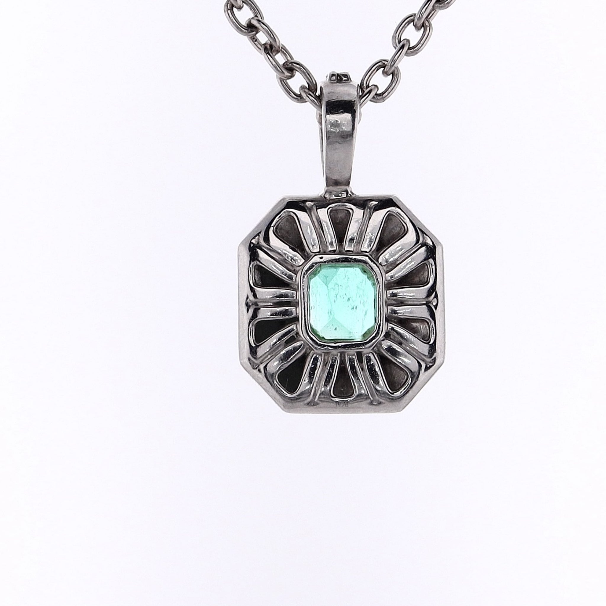 Estate Platinum 17 Emerald and Diamond Halo Design Pendant Necklace for Women