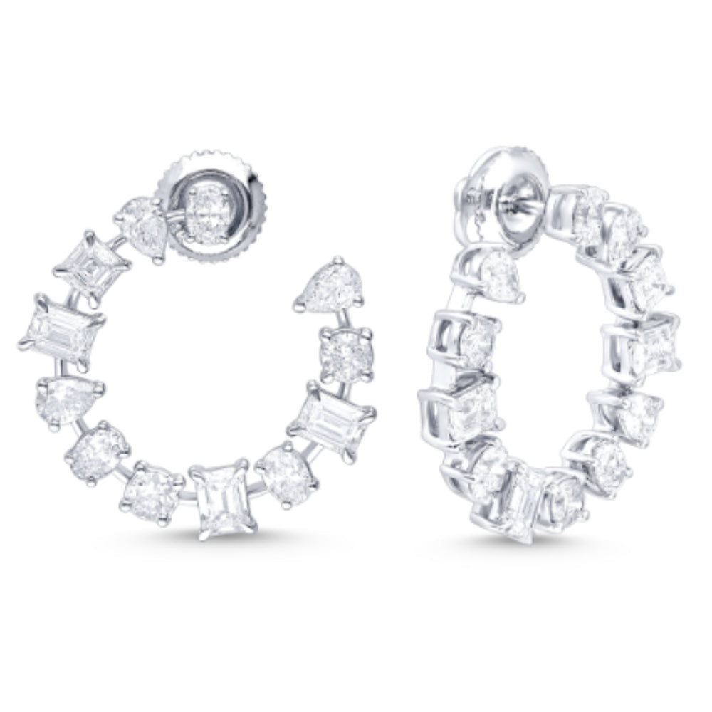 14k White Gold Multi-Shape Diamond Hoop Earrings for Women with Various Cut Diamonds