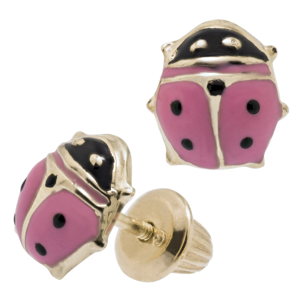 14k Gold Pink Enamel Lady Bug Earrings for Children