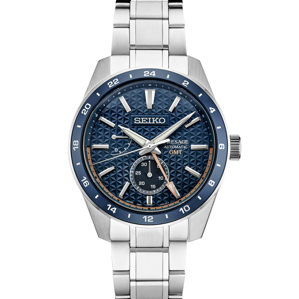 Seiko Presage Sharp Edged Series Automatic GMT Chronograph Watch with Blue Dial, Model SPB217