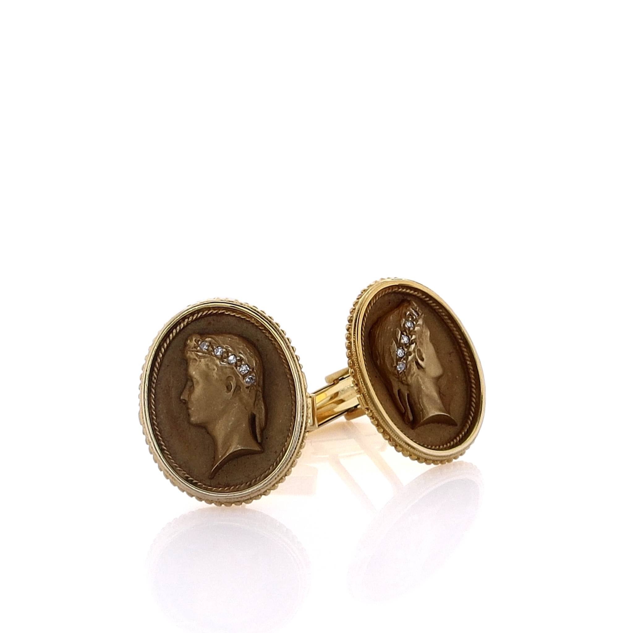 Estate Luxury 14 Karat Yellow Gold Cufflinks Featuring a Romanesque Figure Adorned with a Diamond Laurel Crown