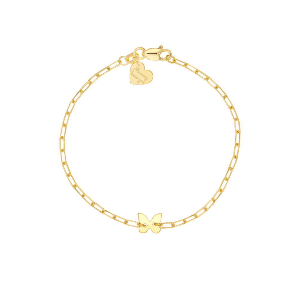 14k Yellow Gold Children's Butterfly and Heart Design Bracelet with a Length of 6 Inches