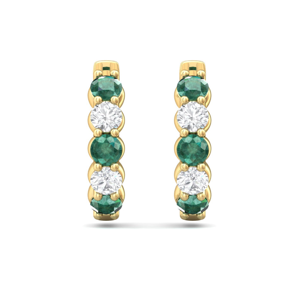 14k Yellow Gold Emerald and Diamond Hoop Earrings with Stunning Gemstones