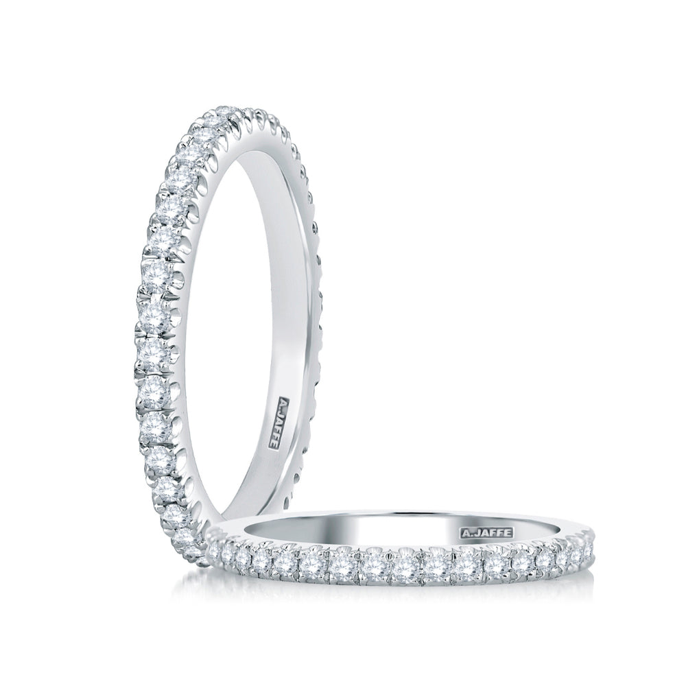 A. JAFFE 14k White Gold Classic Half Diamond Pave Quilted Interior Wedding Band